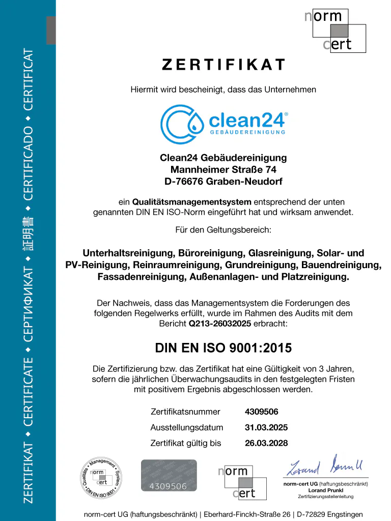 Clean24 ISO 9001 Zertifikat ISO 9001